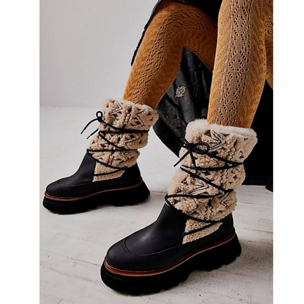Free People Black Lug Boots with Cream Sherpa Knit Cuffs